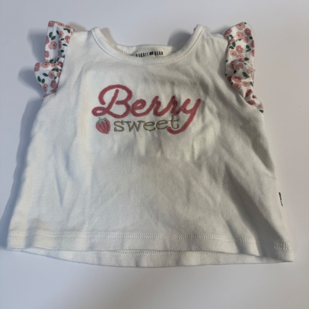 Rabbit + Bear Organic Cotton Berry Sweet Floral Ruffle Sleeve Top White 12M